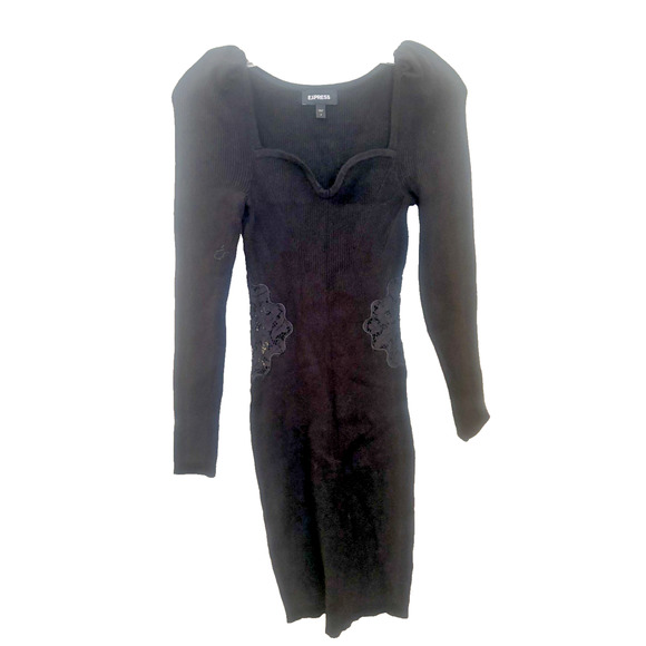 Express Dresses & Skirts - EXPRESS BLACK PUFF SHOULDER LACE PIECED BODY CONTOUR SWEATER DRESS Small
